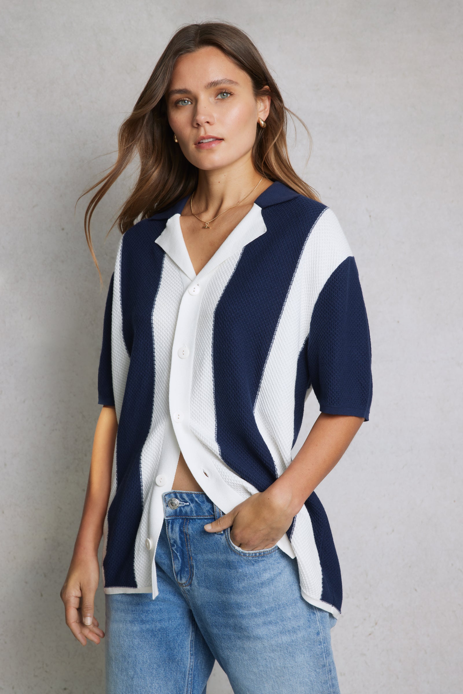 Striped Knit Shirt 01 Navy