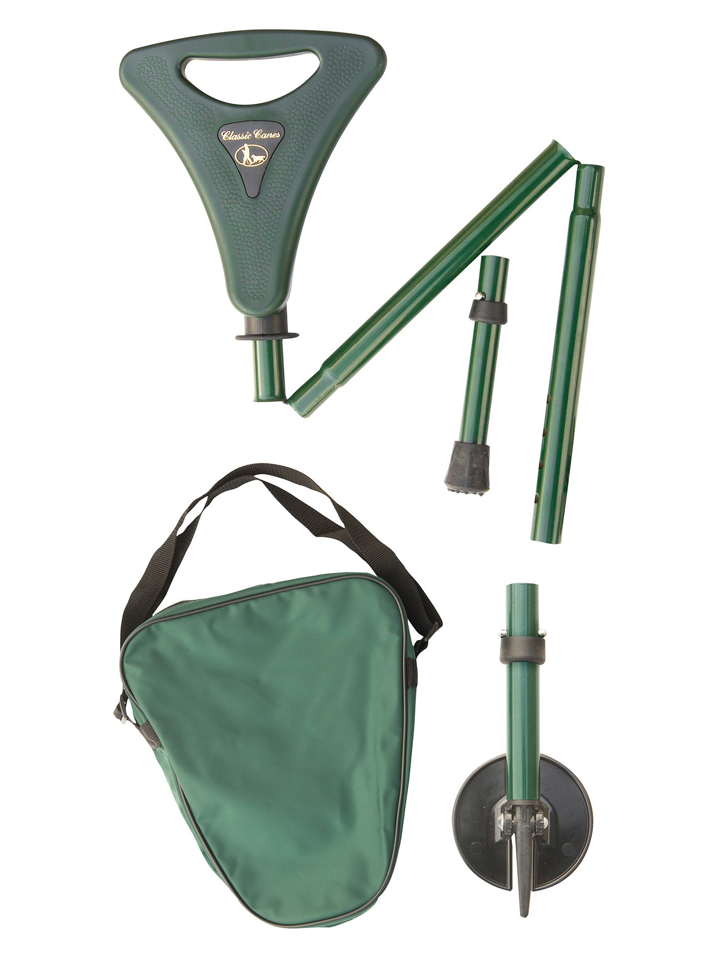 Packaway folding seat stick, adjustable, adaptors, green