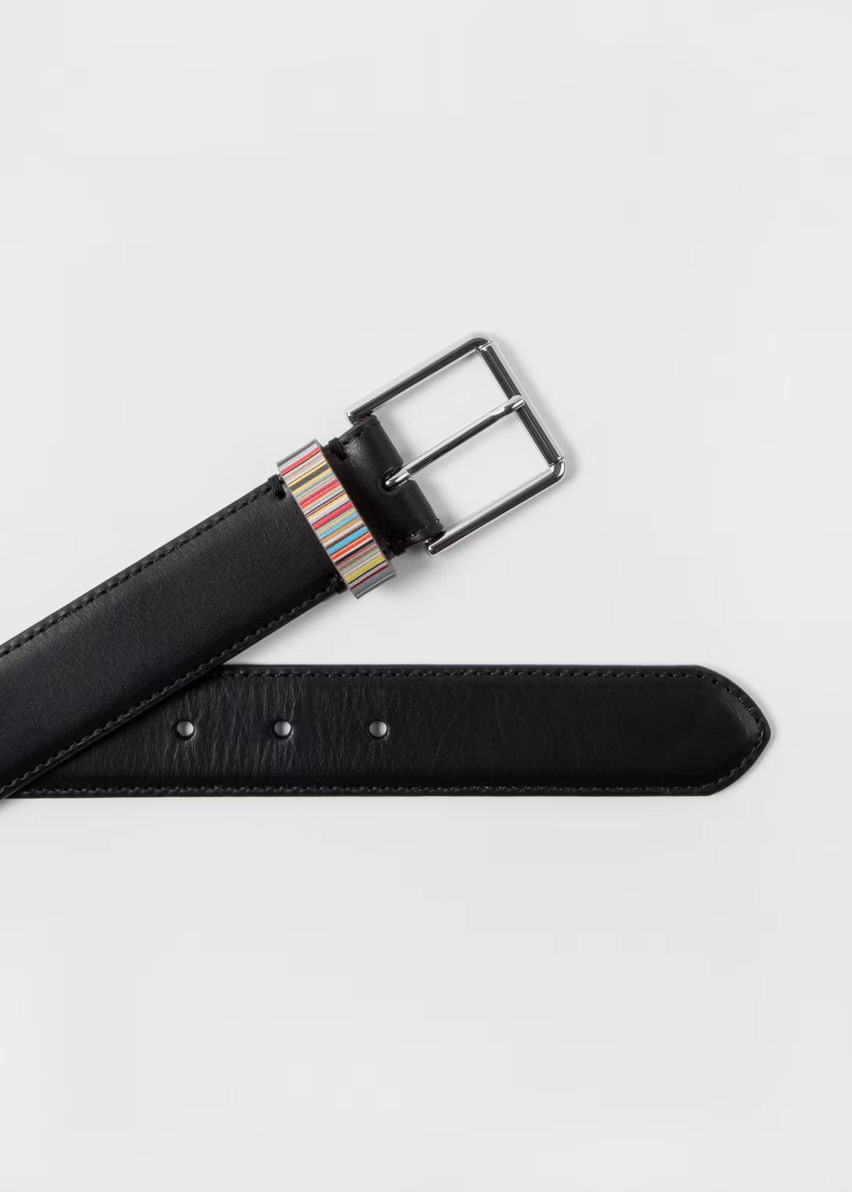 Black Leather Belt with Signature Stripe Keeper