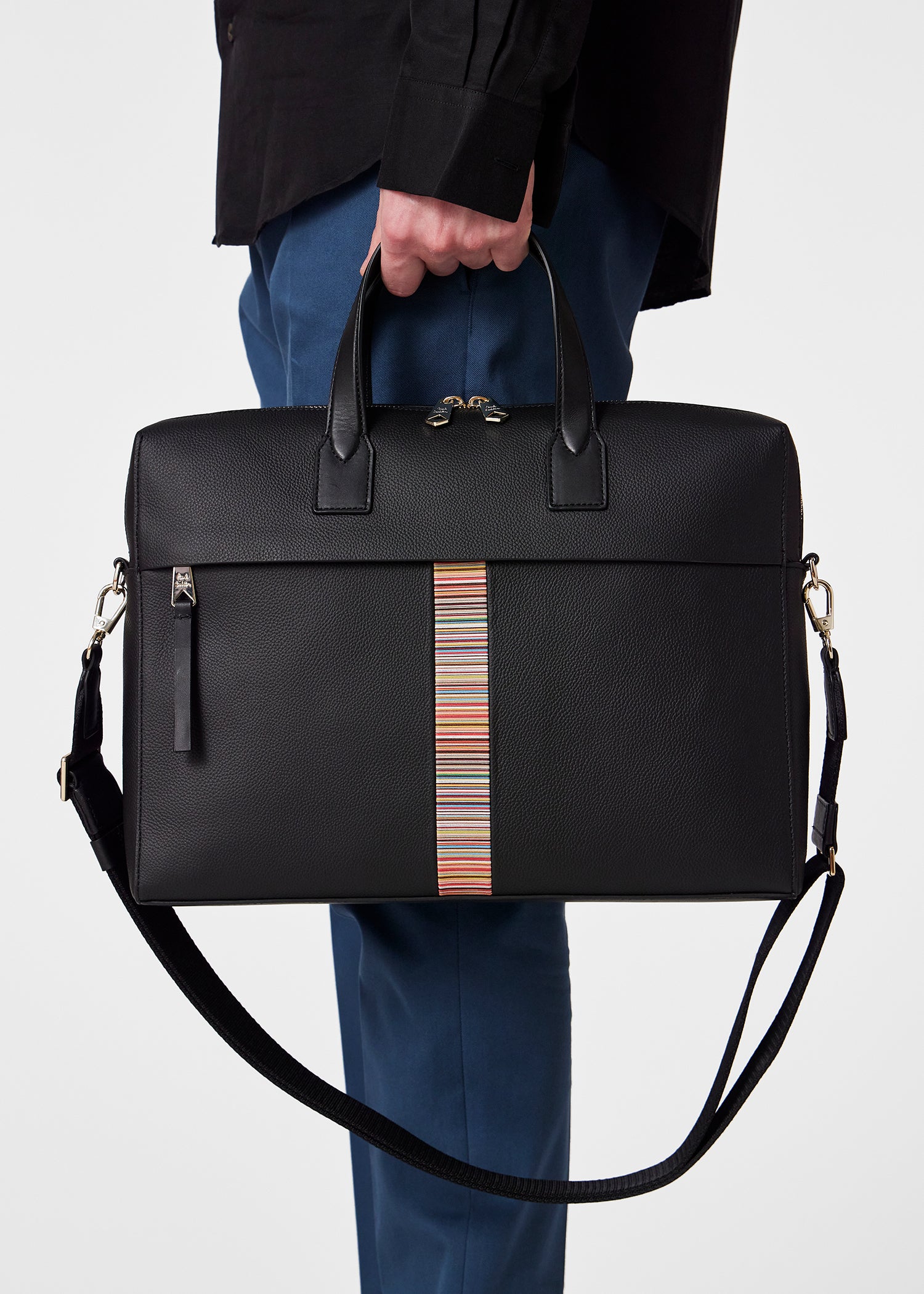 Leather Signature Stripe Folio Bag