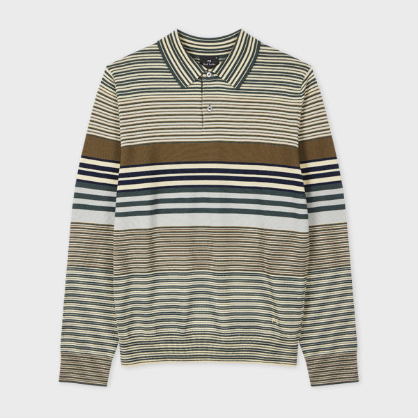 Merino Wool Stripe Long Sleeve Polo Shirt
