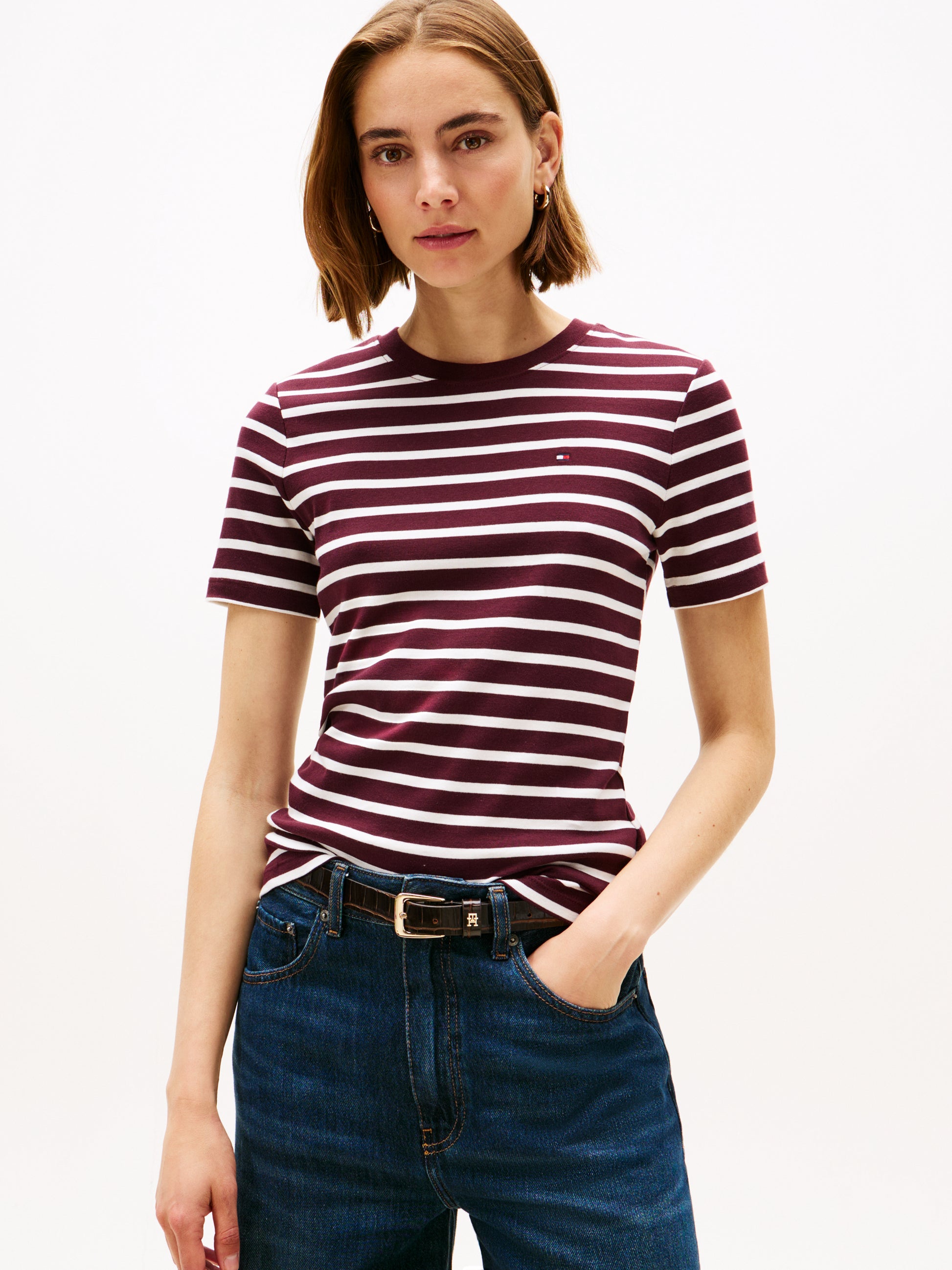 Crew Neck Slim Fit T-Shirt Burgundy / Ecru