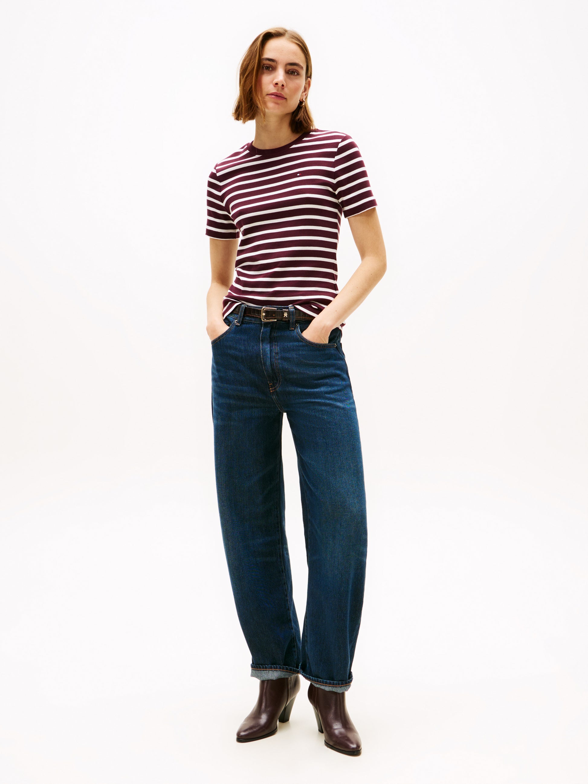 Crew Neck Slim Fit T-Shirt Burgundy / Ecru