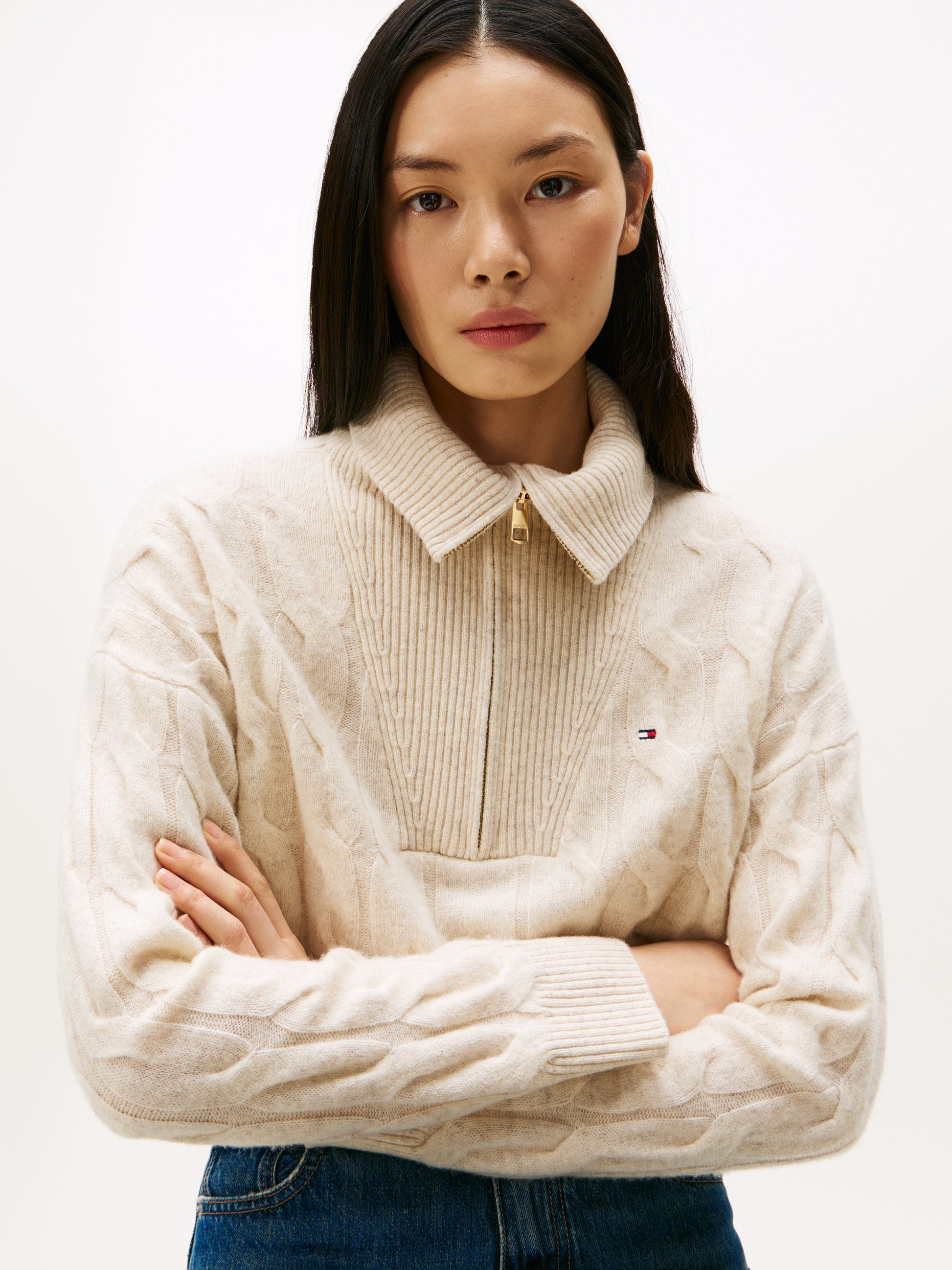 Soft Wool Cable Half Zip Long Sleeve Knit Heather Oatmilk