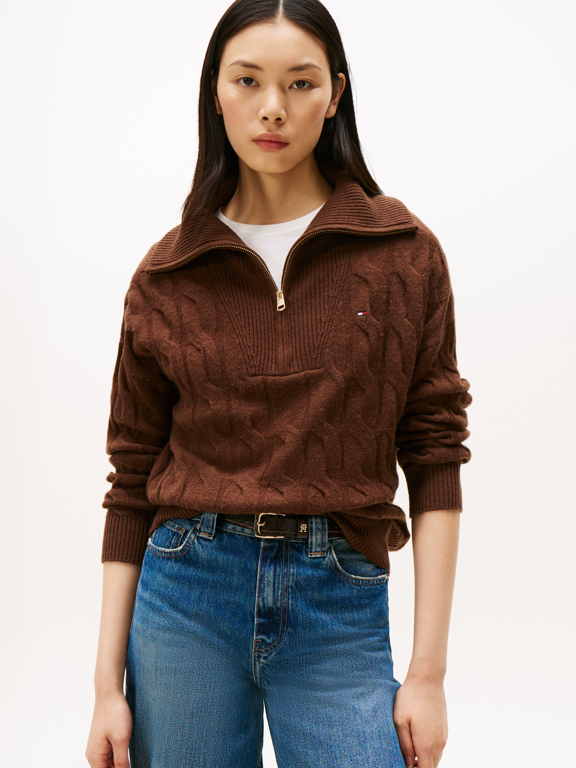 Soft Wool Cable Half Zip Long Sleeve Knit Legacy Brown
