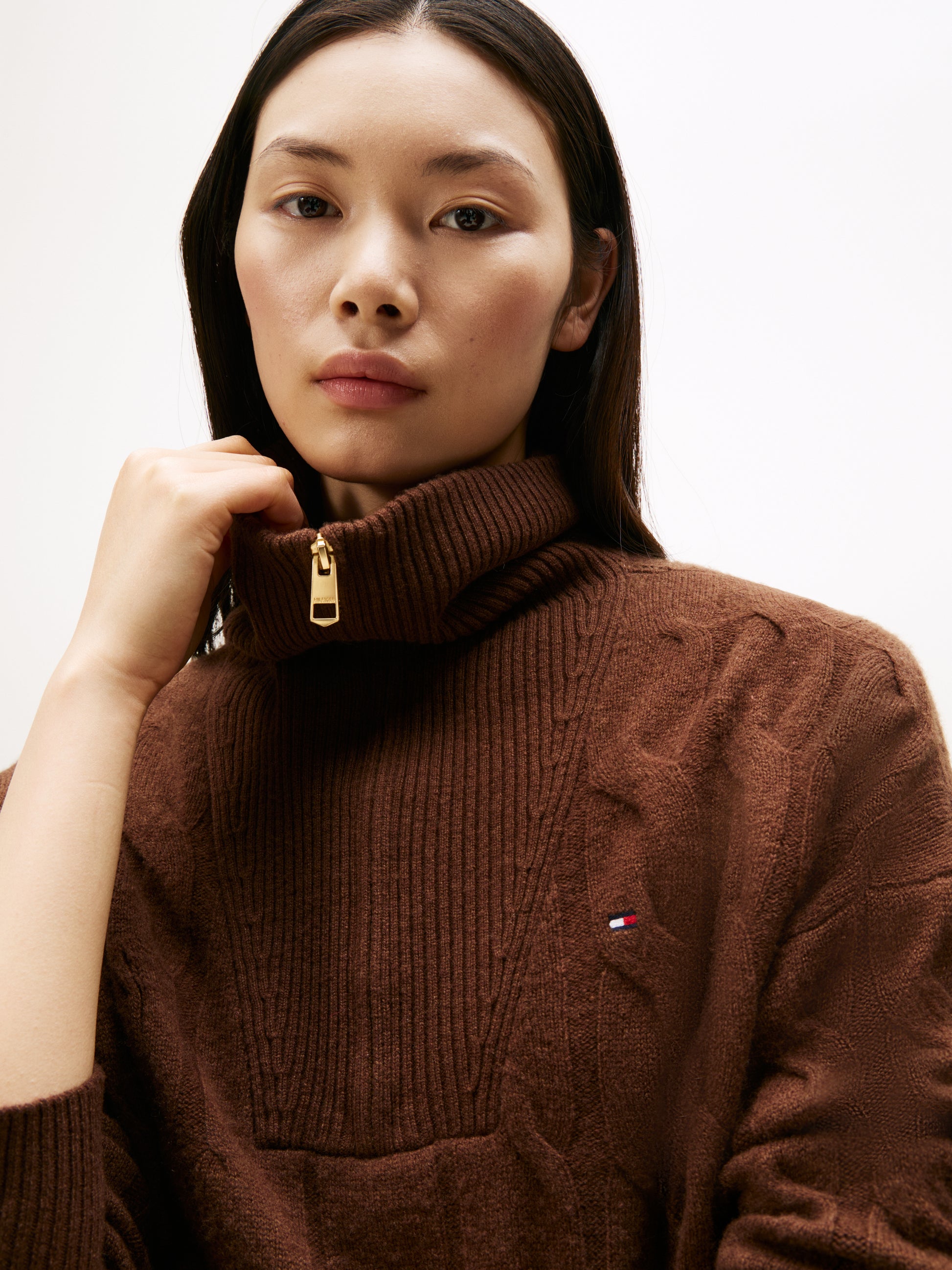 Soft Wool Cable Half Zip Long Sleeve Knit Legacy Brown