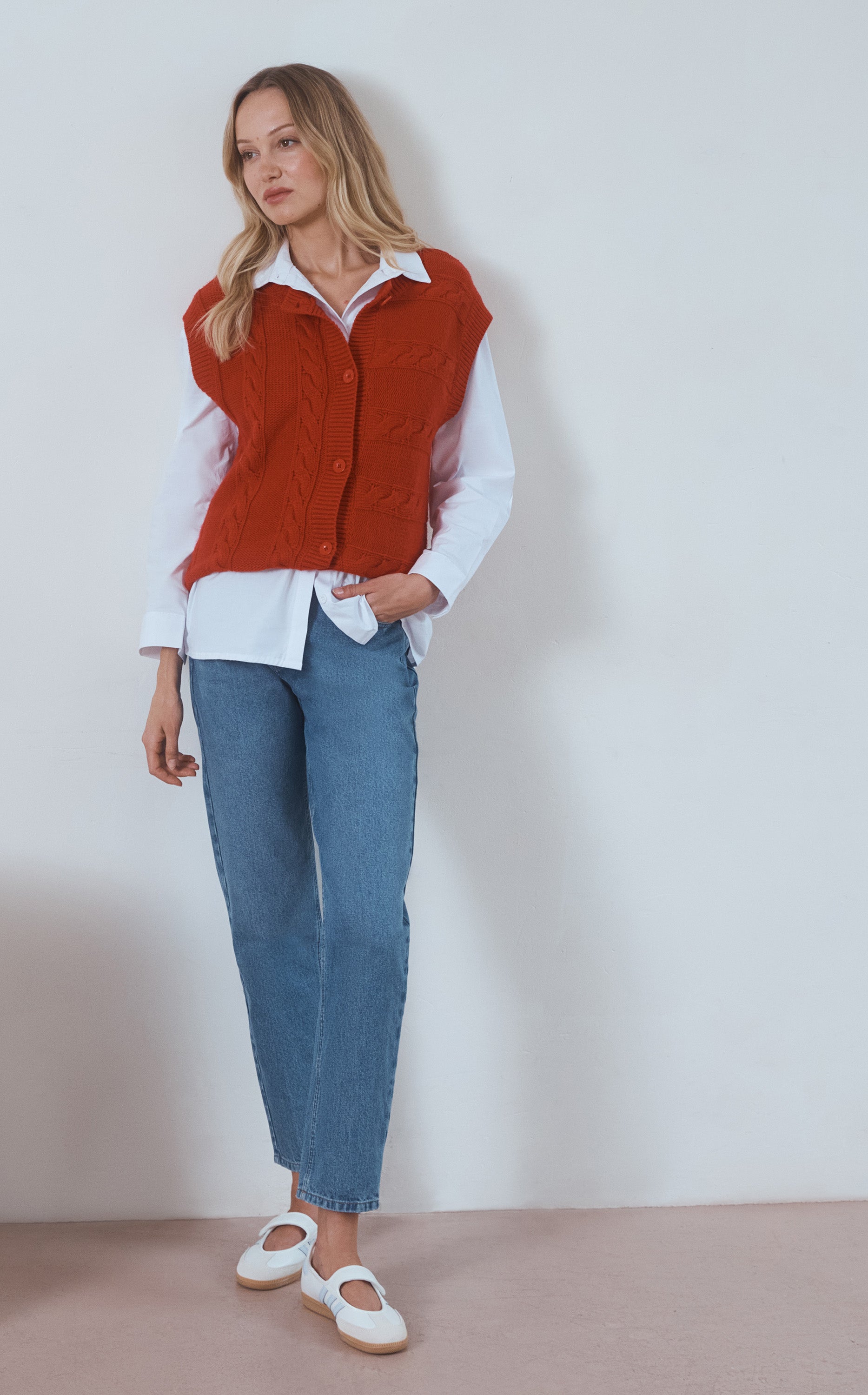 Pace Button Front Vest Cherry Red