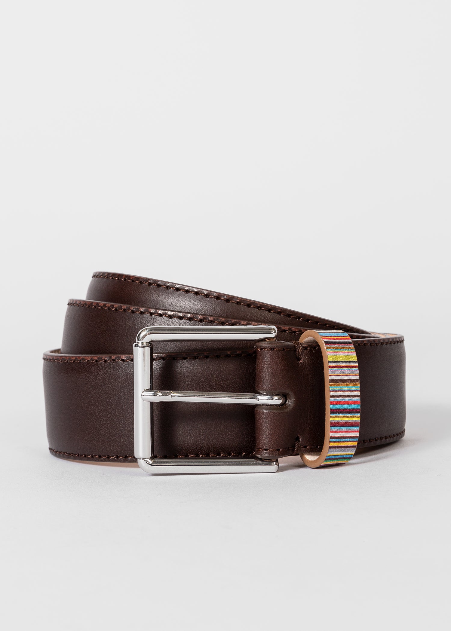 Dark Brown Leather Belt with Signature Stripe Keeper