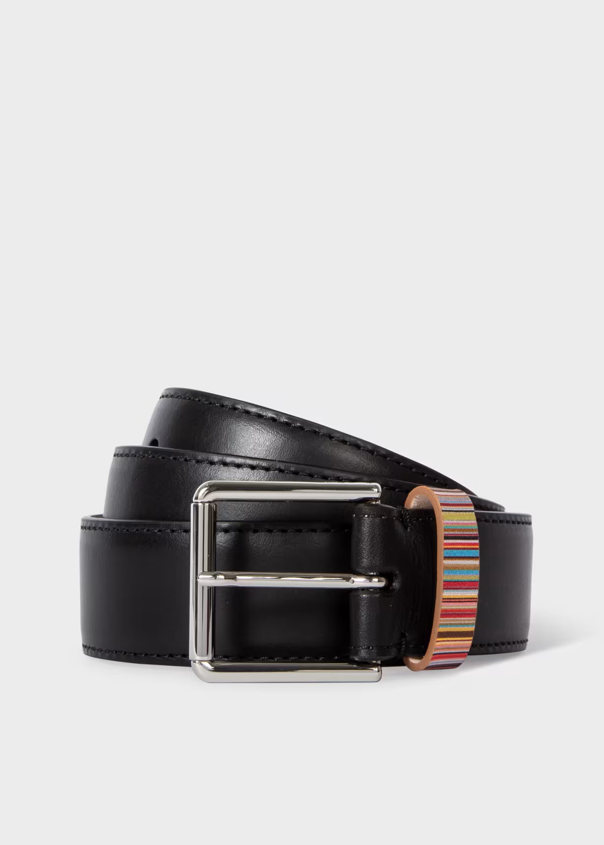 Black Leather Belt with Signature Stripe Keeper
