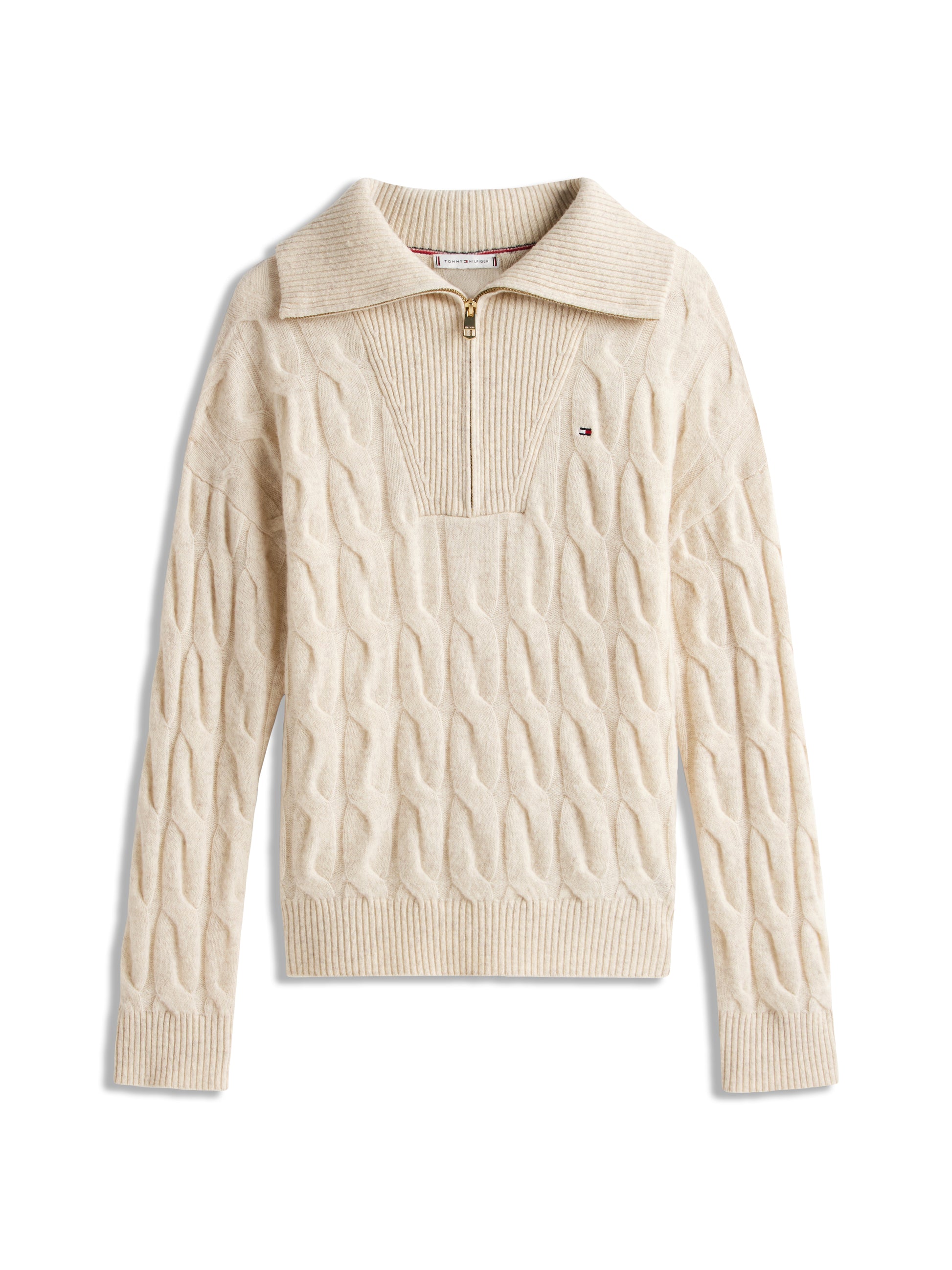 Soft Wool Cable Half Zip Long Sleeve Knit Heather Oatmilk