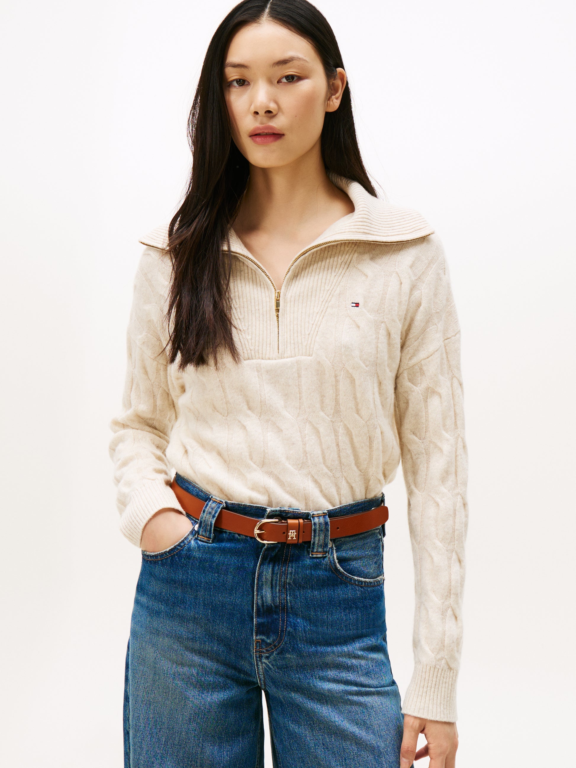 Soft Wool Cable Half Zip Long Sleeve Knit Heather Oatmilk