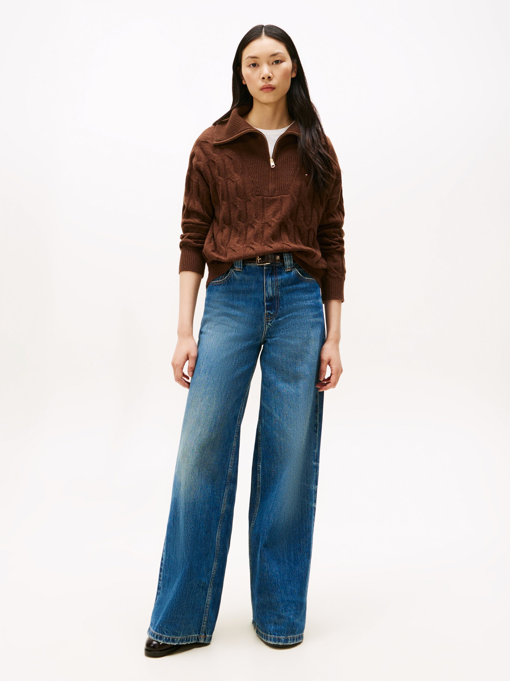 Soft Wool Cable Half Zip Long Sleeve Knit Legacy Brown
