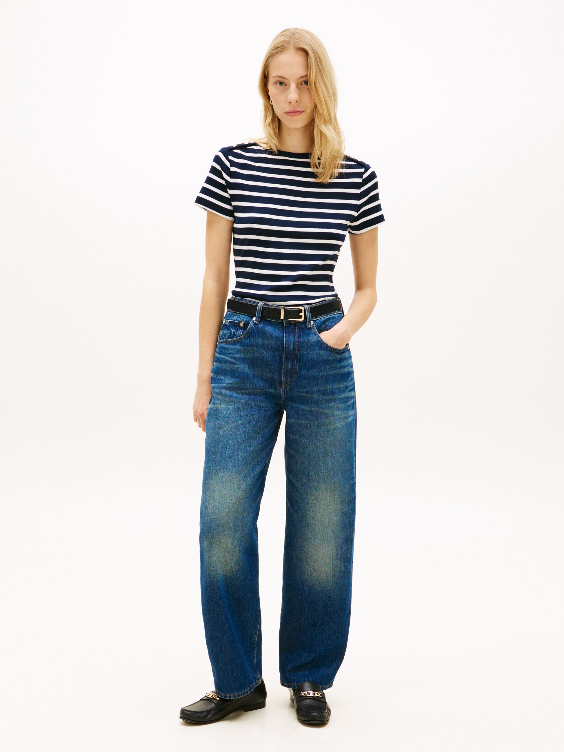 Gold-Tone Button Slim Boat Neck T-Shirt