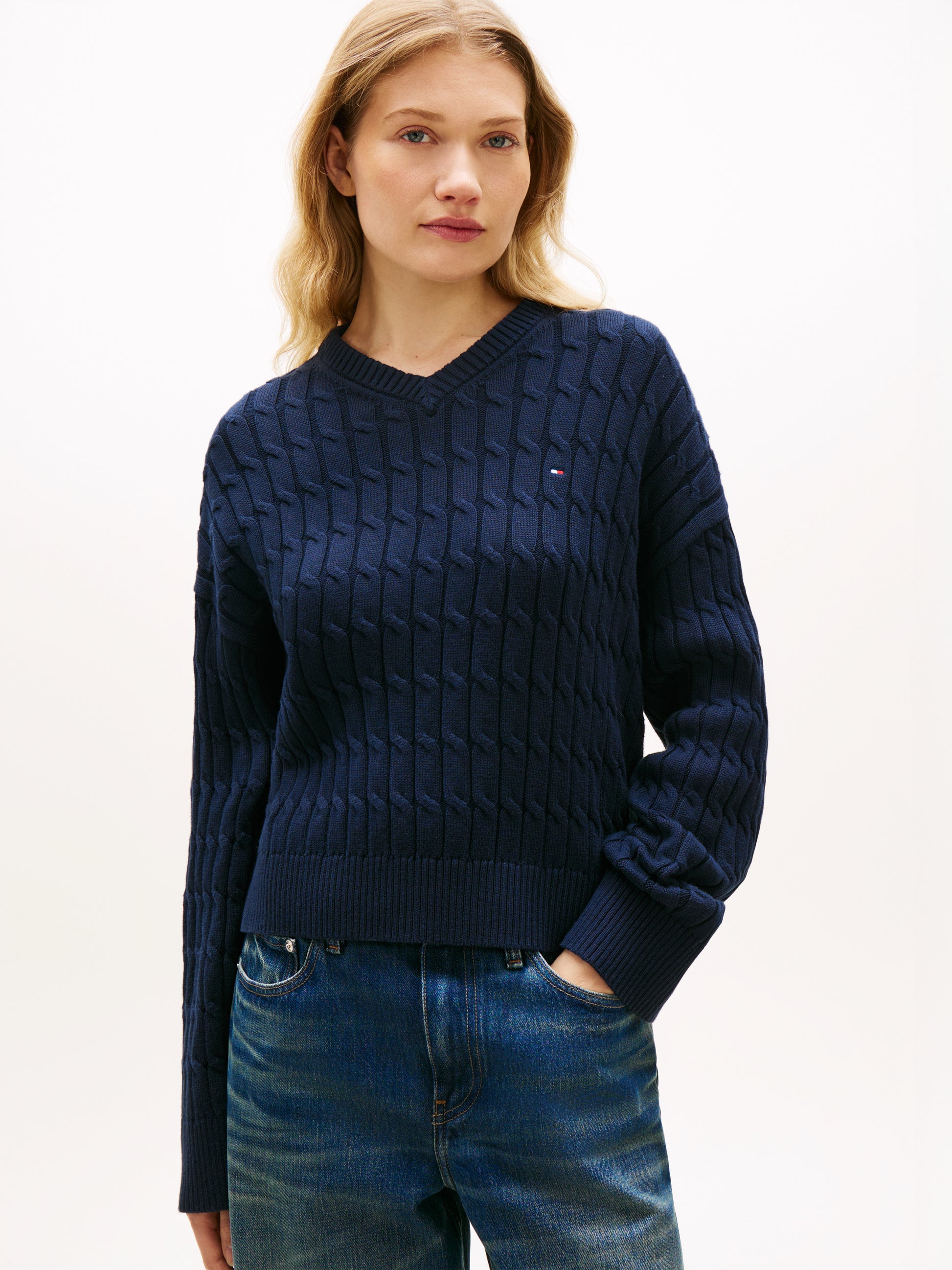 Cable Knit Crew Neck Jumper Navy