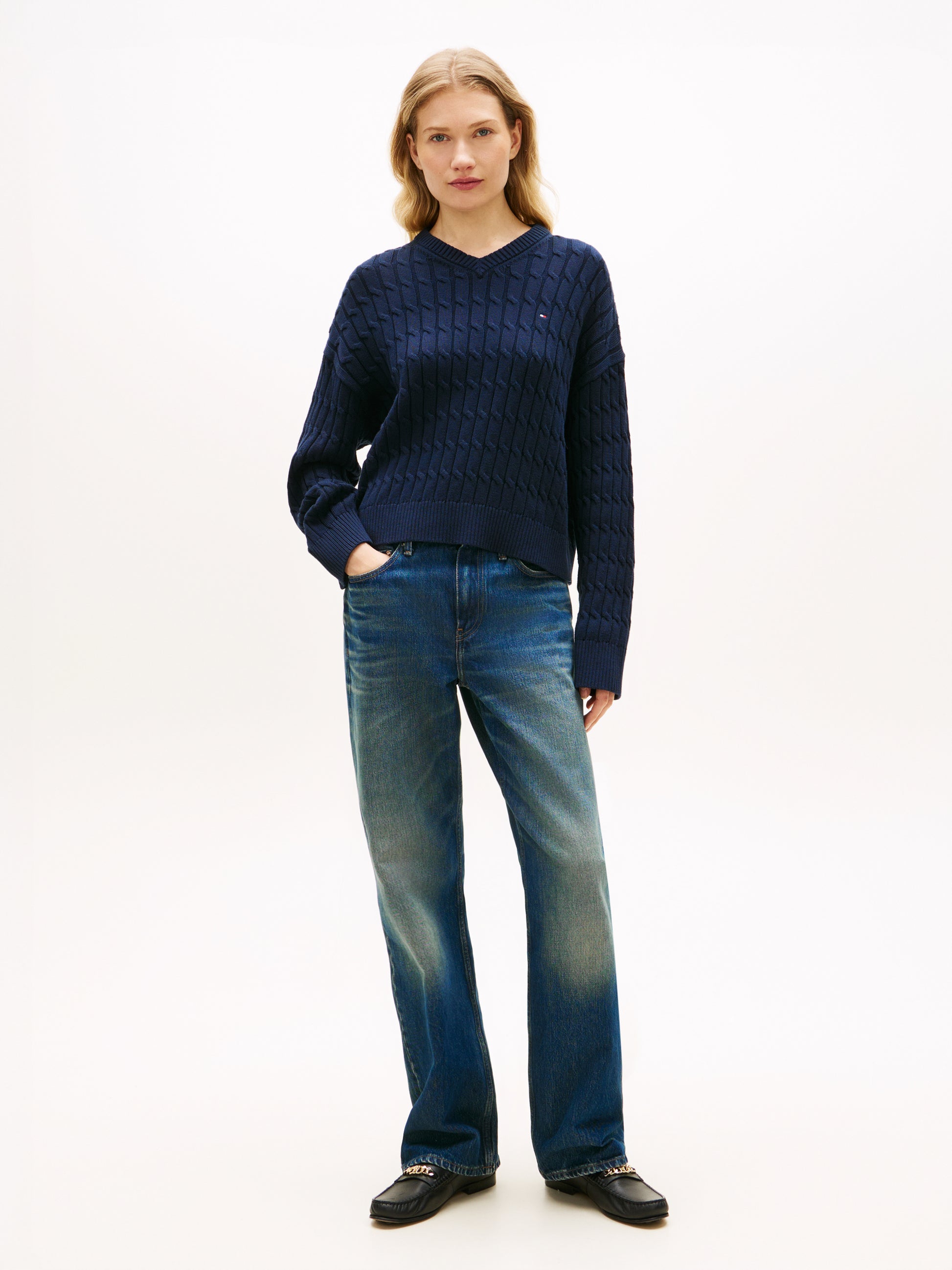 Cable Knit Crew Neck Jumper Navy