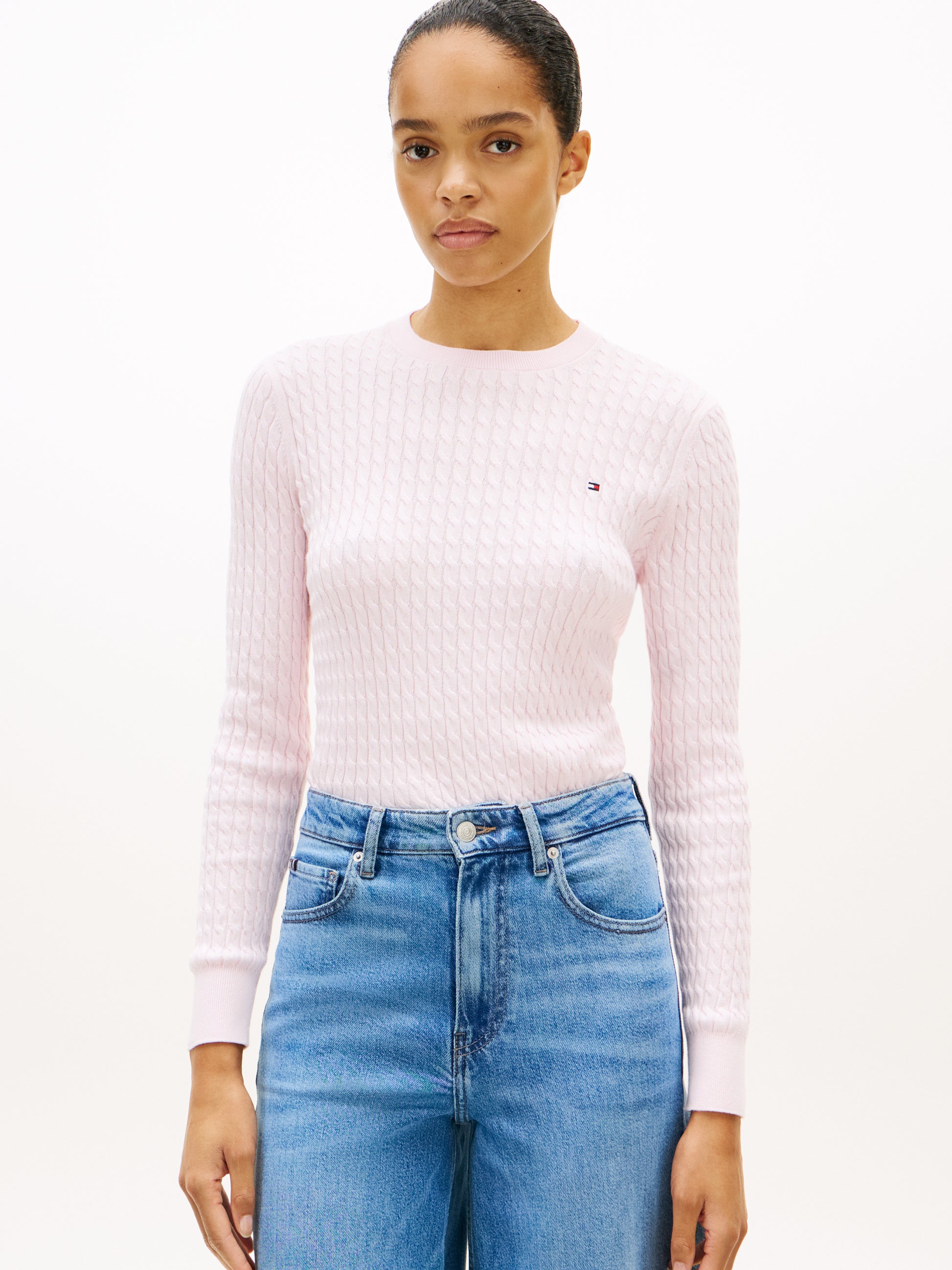 Cable Knit Crew Neck Jumper Light Pink