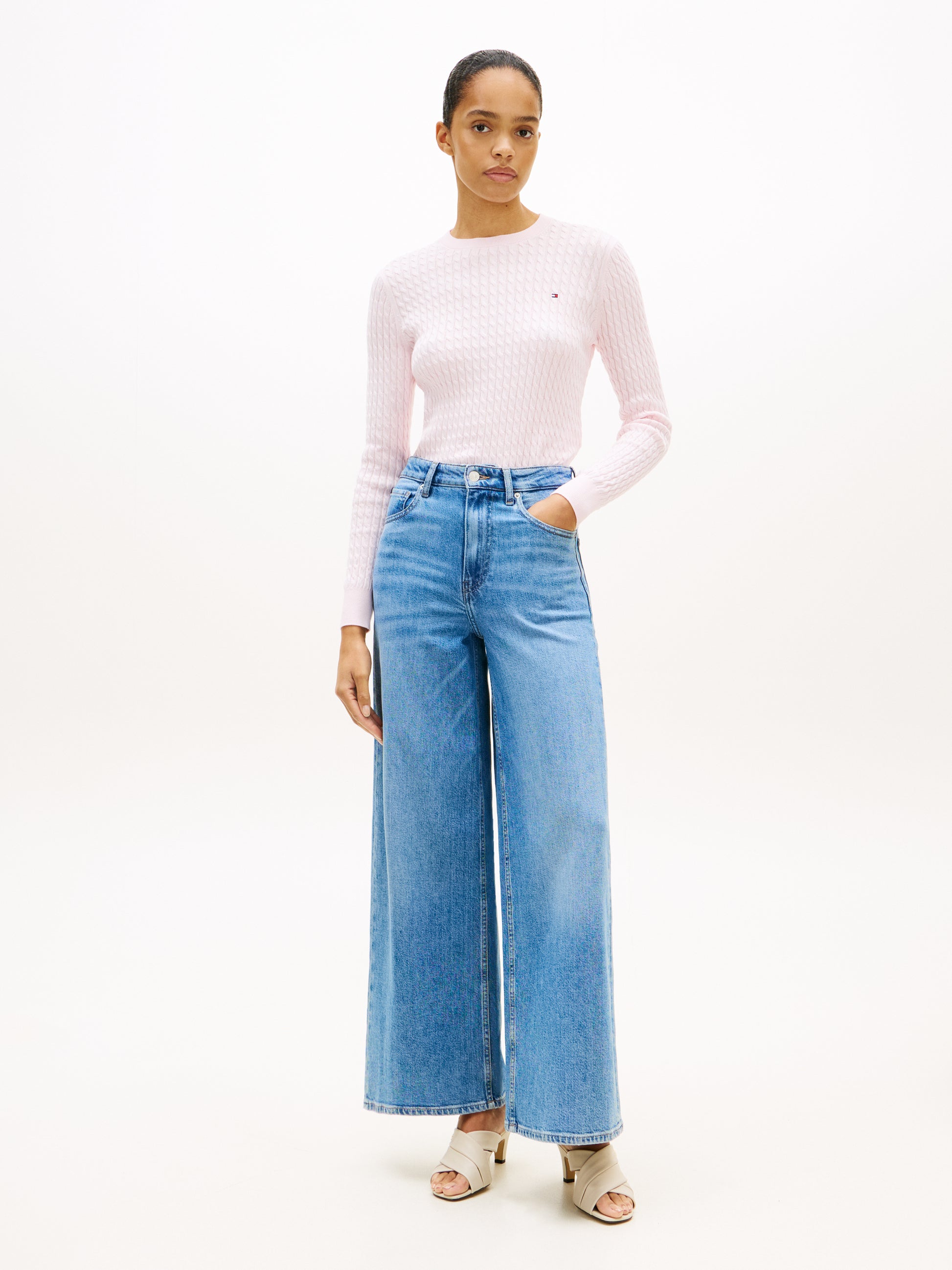 Cable Knit Crew Neck Jumper Light Pink