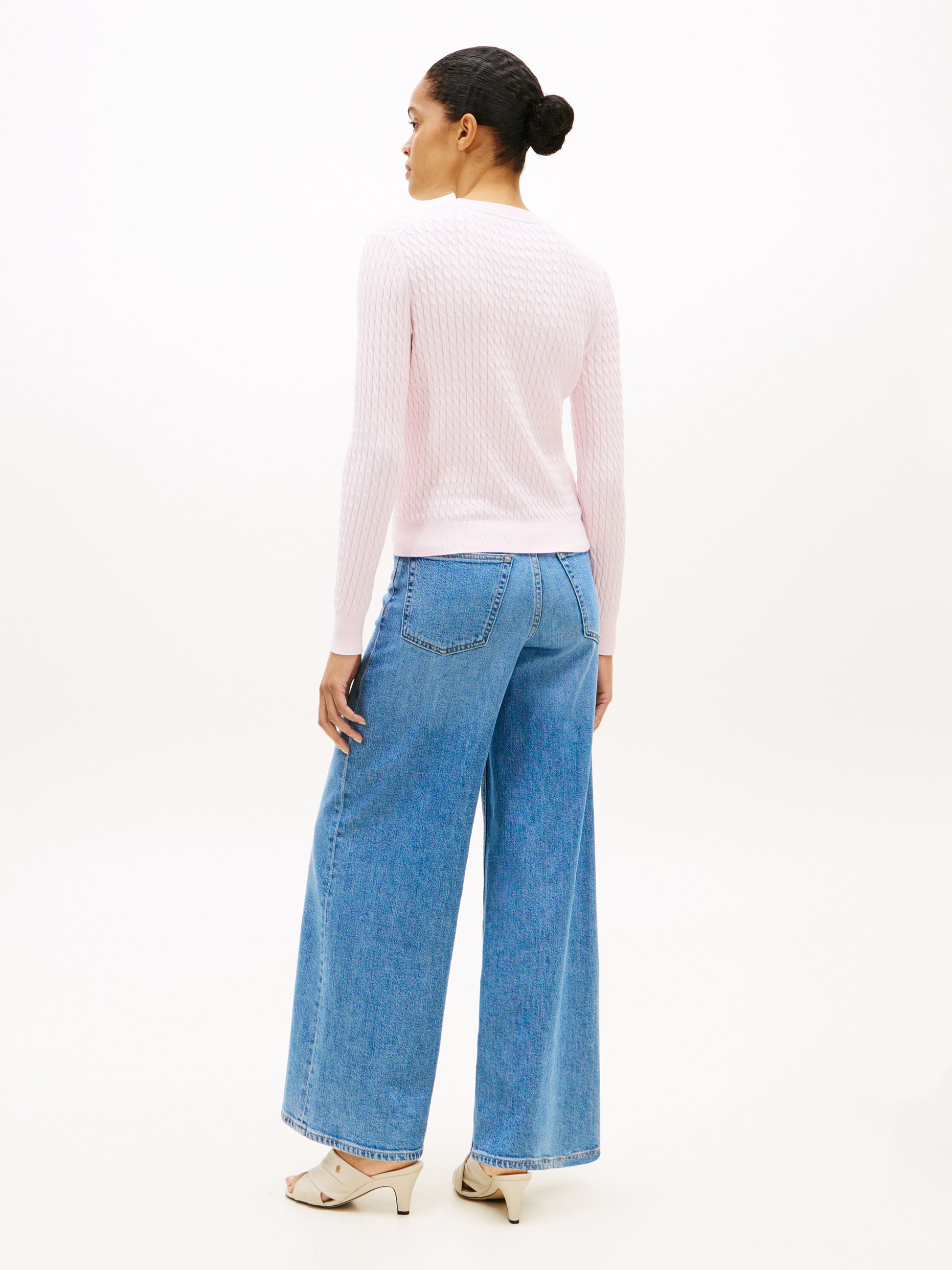 Cable Knit Crew Neck Jumper Light Pink