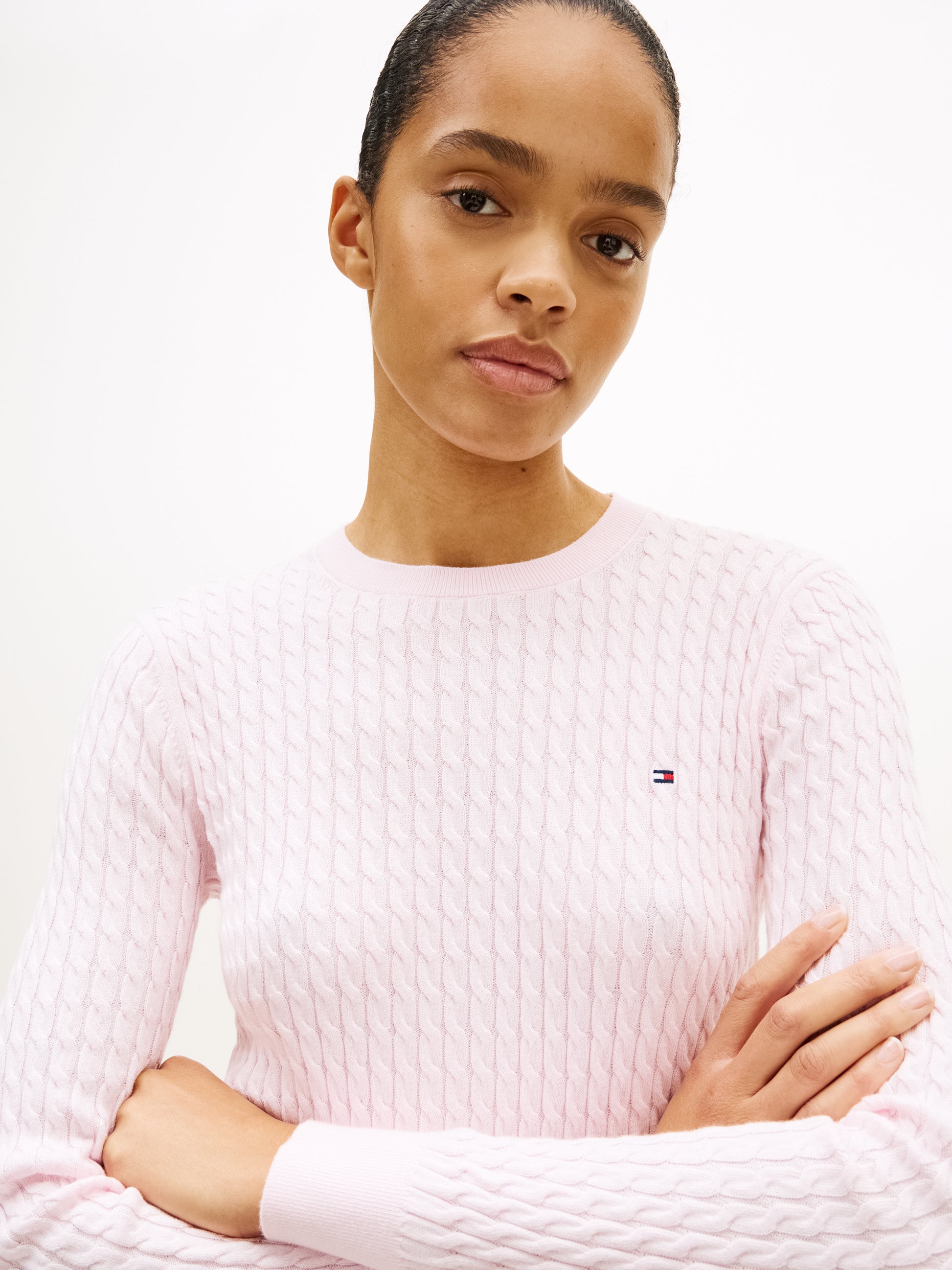Cable Knit Crew Neck Jumper Light Pink